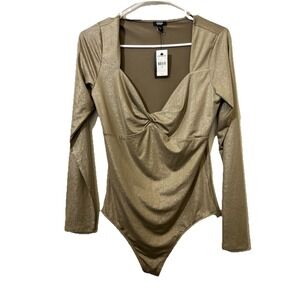 Express Body Contour Shimmer Nude Light Brown Long Sleeve Bodysuit Top Women M